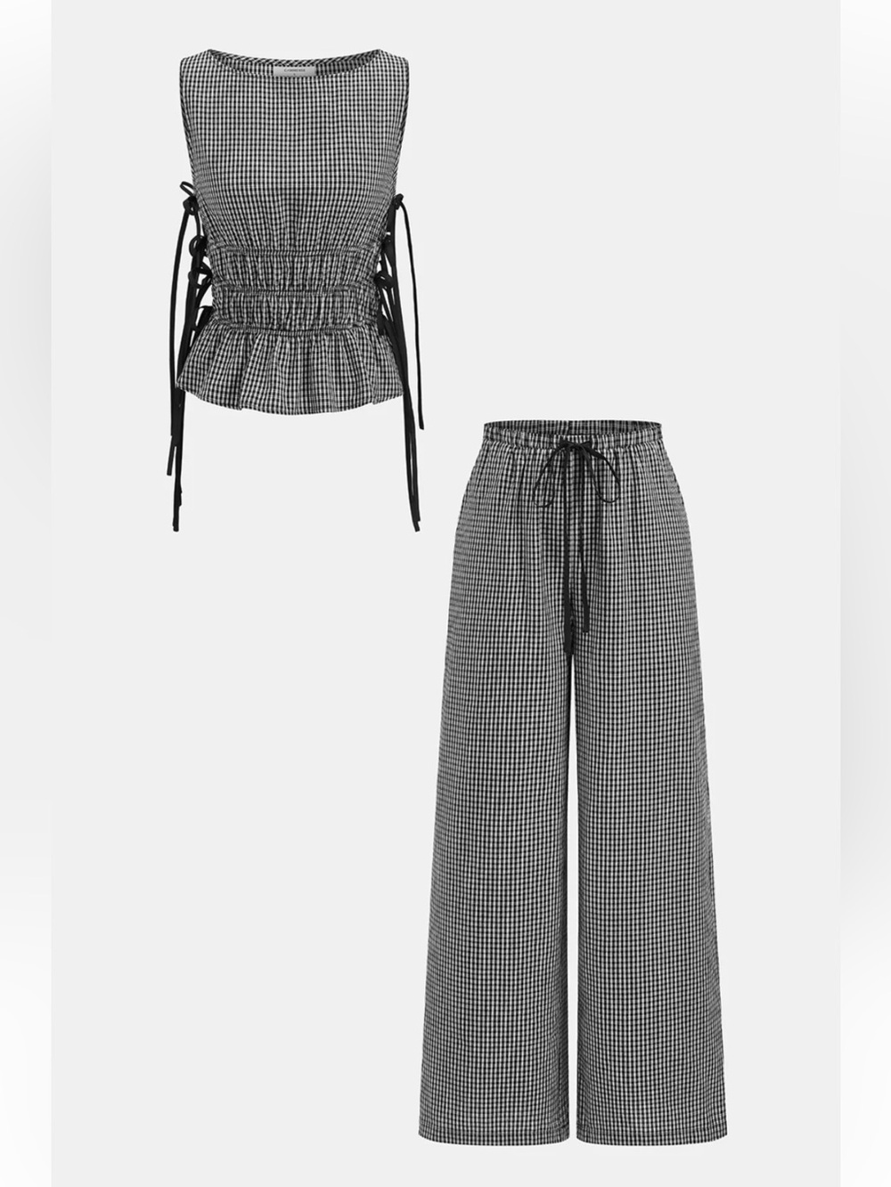 Commense Black & White Gingham Top & Wide-Leg Pants Set NWT